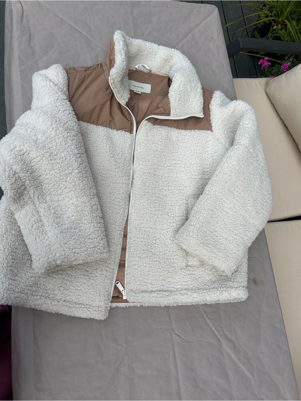 Calvin Klein Cream Sherpa Jacket with Tan Nylon Yoke